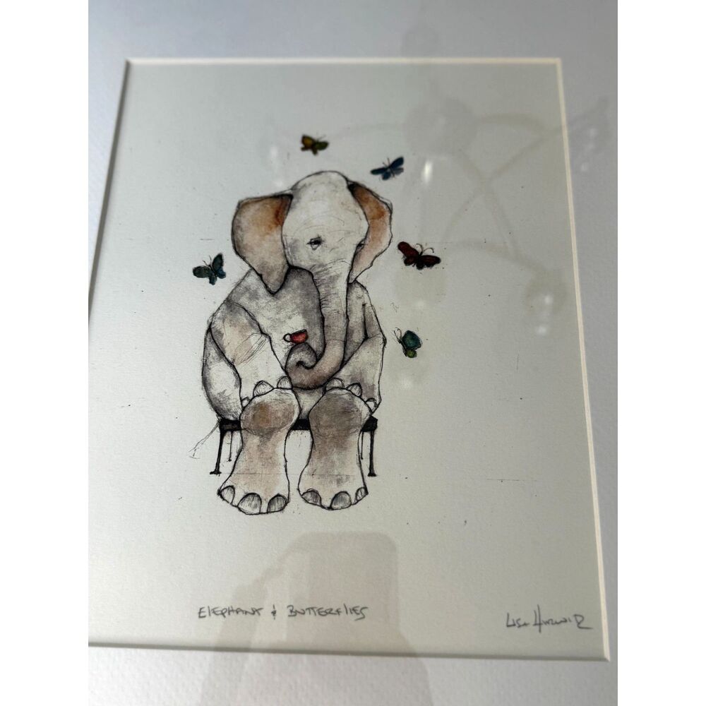 Beautiful Original Lisa Hurwitz drawing; Elephant and Butterflies framed - Picture 6 of 9